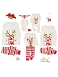 Family Matching Christmas Set Elk Print Long Sleeve Round Neck Tops/Romper Striped Trousers Loungewear Sleepwear