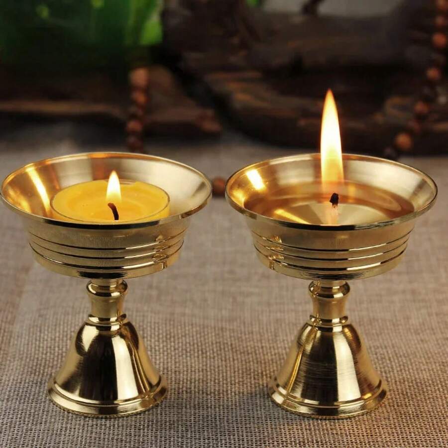 Portavelas de cobre, soporte para lámpara de mantequilla, candelabro largo, coloque vela en copa de cobre para el hogar - Amarillo - Ver 1