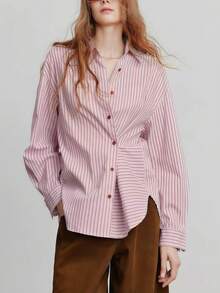 2025 Autumn New Asymmetric Patchwork Design Striped Long Sleeve Cardigan Blouse