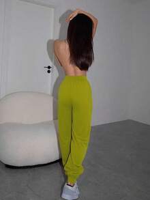 Pantalones De Cintura Alta Para Mujer Con Bolsillos En Diagonal Y Costura al frente - Verde Oliva - Ver 3