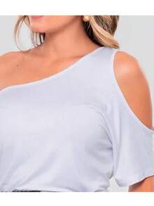 Women's Basic Viscolycra Blouse Round Neck Baby Look Short Sleeve - White - View 3