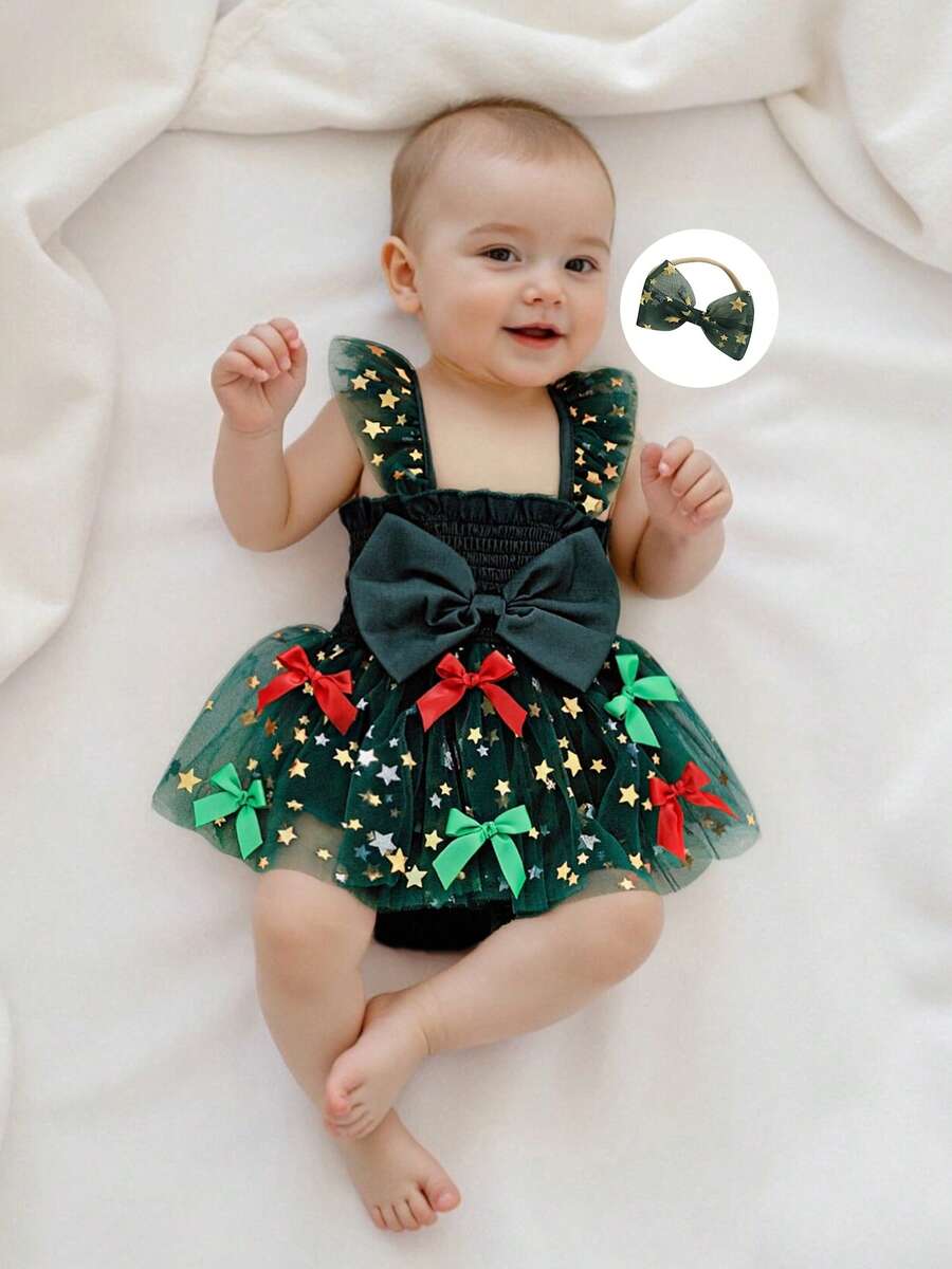 Newborn Baby Girl Christmas Outfit, 1st Christmas Dress Sleeveless Stars Bows Tulle Patchwork Romper Dress With Hairband - 綠色 - 查看 1