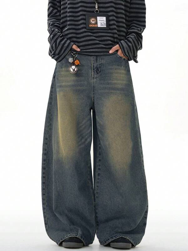 1pc Unisex Casual & Versatile Vintage Washed Loose-Fit Wide-Leg Jeans
