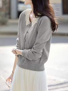 Women's V-Neck Long Sleeve Lace Trim Slim Fit Pullover Sweater