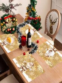 4 pièces/6 pièces/1200 pièces Napperon de Noël en polyester 30x45cm, design rétro et raffiné avec feuille d'or, avec des flocons de neige brillants en arrière-plan, le Père Noël enlace une boîte-cadeau dorée avec un bonnet rouge à pompon blanc, style classique, associé à des décorations d'étoiles pour ajouter de la profondeur, aidant à la décoration festive de la table de salle à manger de Noël, des fêtes et de l'espace familial