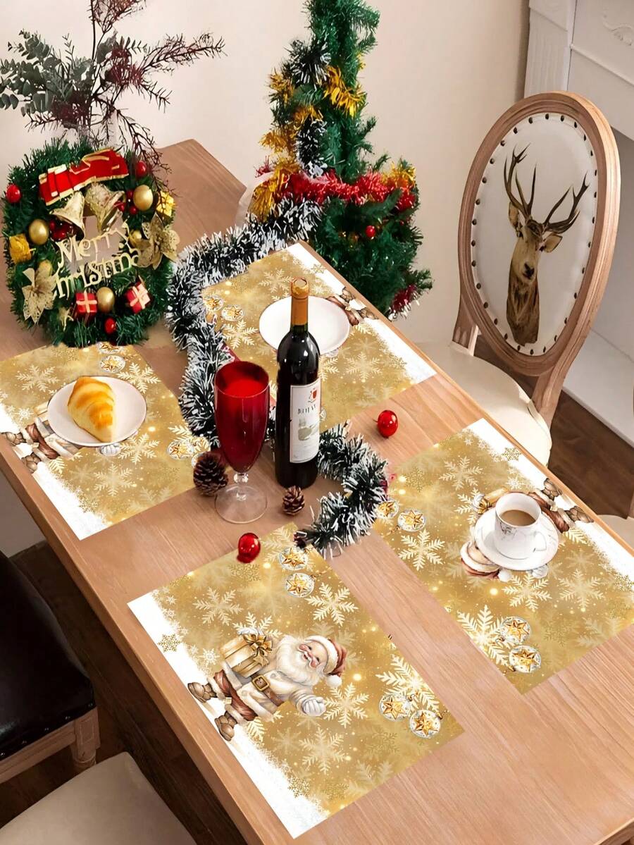 4 pièces/6 pièces/1200 pièces Napperon de Noël en polyester 30x45cm, design rétro et raffiné avec feuille d'or, avec des flocons de neige brillants en arrière-plan, le Père Noël enlace une boîte-cadeau dorée avec un bonnet rouge à pompon blanc, style classique, associé à des décorations d'étoiles pour ajouter de la profondeur, aidant à la décoration festive de la table de salle à manger de Noël, des fêtes et de l'espace familial
