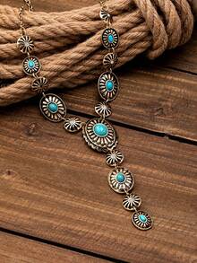 1 pieza Collar en Y de estilo vaquero/vaquera occidental geométrico vintage bohemio con turquesa ovalada, regalo de moda para mujeres - collar - Ver 5