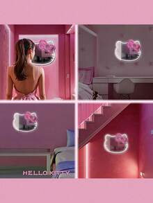 Sanrio 1 szt. Lustro ścienne do sypialni z neonowymi światłami Anime KT Cat, toaletka, garderoba, salon, korytarz, neony, pasek lustrzany ze ściemnialnym oświetleniem LED, dekoracja łazienki, lampka nocna do toaletki, neonowe światła LED zasilane przez USB/baterię, różowa dekoracja ścienna do sypialni, nadaje się do pokojów, na walentynki, urodziny, prezenty ślubne, do domu, dekoracja świąteczna, dla dziewczyn, żon, przyjaciół, rodziny, kochanków