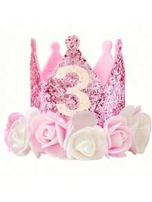 1 pieza Sombrero de cumpleaños para niños de 1 a 5 años, corona de fieltro con flores rosa y blanco con brillo, adecuado para cumpleaños, fiestas de Navidad y suministros para eventos