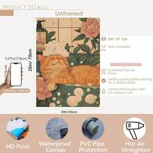 1幅12x16英寸无框帆布海报 - 可爱的橘色虎斑猫在浴缸里放松，搭配日式花卉图案，是浴室、卧室、厨房、客厅、办公室或咖啡馆的完美墙面装饰，也是送给爱猫人士的绝佳礼物。浴室装饰 | 猫咪插画 | 精细的毛发纹理，猫咪主题秋季装饰 - 彩色 - 查看 17