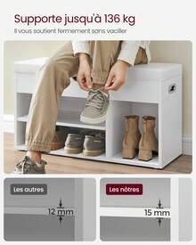VASAGLE Banc à Chaussures Rembourré, Banc de Rangement, Rangement Caché, Étagères, Meuble d'Entrée, Capacité de Charge 136 kg, 30 x 80 x 44 cm, Blanc - Blanc - Voir 4