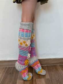 Women's Thigh High Socks Over The Knee Cable Knit Boot Socks, Boho 3D Flower Multicolour Embroidery Long Stcokings Winter Warm Christmas Holiday Leg Warmers - Grey - View 5
