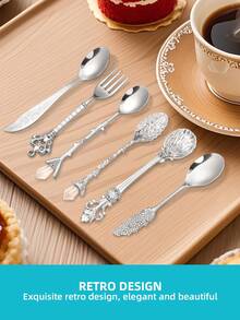 6pcs Coffee Spoon, Dessert Spoon, Gold Tea Spoon Set, Vintage Coffee Spoon Fruit Fork, Compact & Elegant Coffee Utensils, Dishwasher , Suitable For Coffee, Tea, Cake, Dessert, Ice Cream, Yogurt, Fruit, Great For Home, Kitchen, Restaurant, Cafe, Party, Christmas, Halloween, Easter, Dinnerware Set, Gift Set