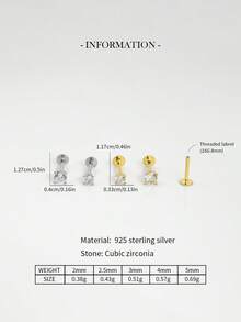 1件 16G迷你金色爪鑲立方鋯石螺紋唇釘，925純銀平背耳環，軟骨耳輪穿刺飾品，耳屏耳釘，鼻釘，小耳環，中性款，日常佩戴（單件銷售） - 爪鑲鋯石平背耳釘 - 查看 5