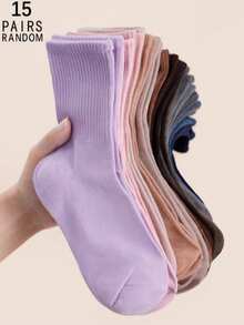 1/3/5/10/15/20 双装 女士纯色竖条纹舒适简约运动休闲吸湿中筒袜 - 彩色 - 查看 19