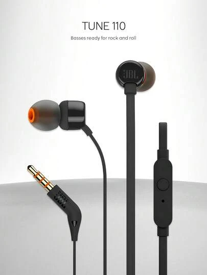 JBL Tune 110 有线入耳式耳机，带麦克风，扁平防缠绕线缆，强劲低音，立体声，适用于电脑游戏和运动，兼容 3.5mm 耳机插孔