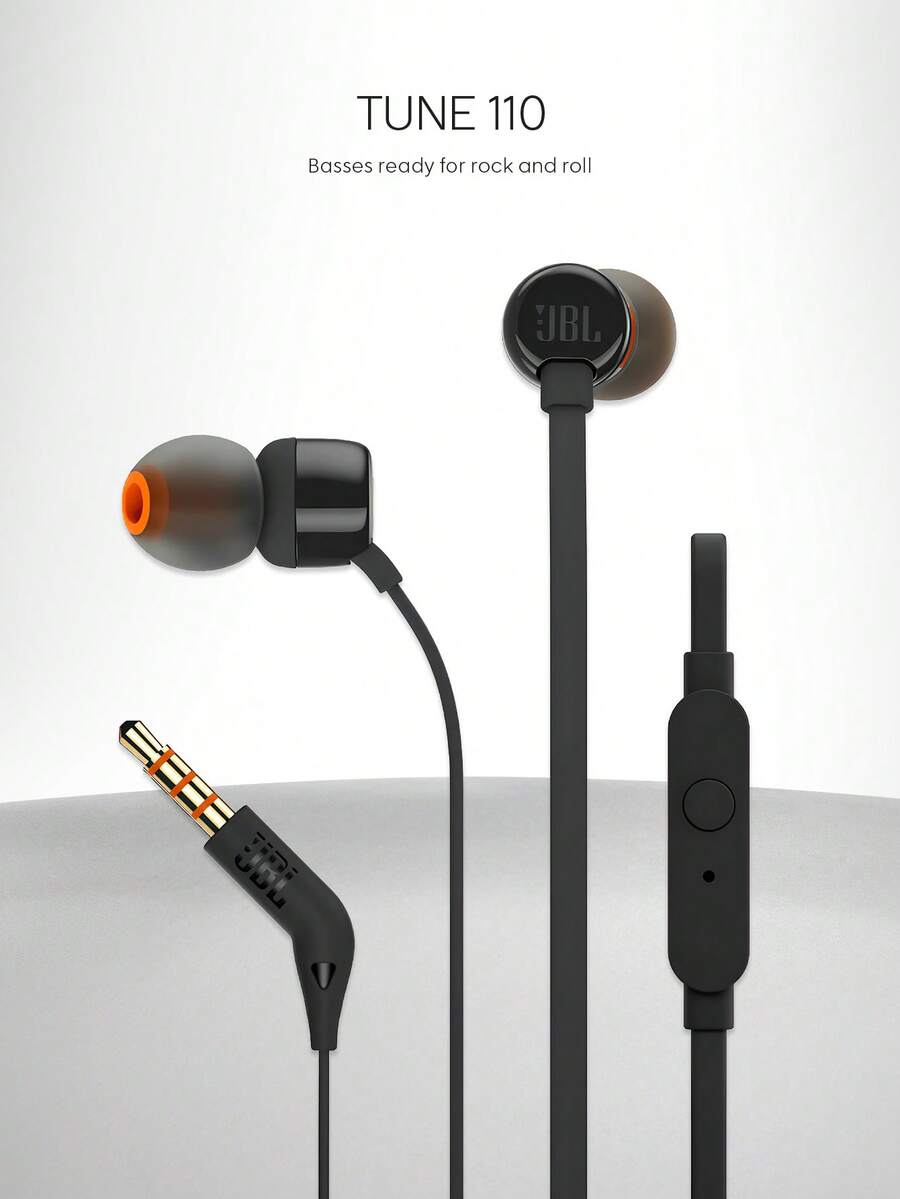 JBL Tune 110 有线入耳式耳机，带麦克风，扁平防缠绕线缆，强劲低音，立体声，适用于电脑游戏和运动，兼容 3.5mm 耳机插孔