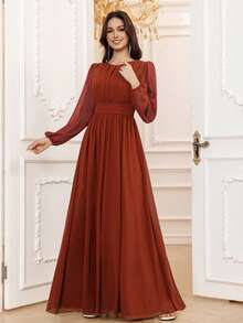 Volly Toych 锈棕色春季优雅A字圆领长袖及地雪纺正式伴娘礼服、婚礼宾客礼服、无衬里袖子 - 鏽棕色 - 查看 6