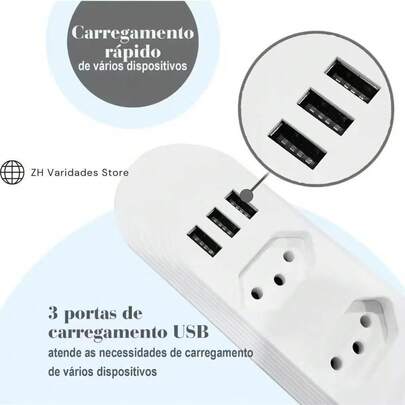 Extensão Elétrica 2m Com 4 Tomadas e 3 Entradas USB com Botão Power Socket