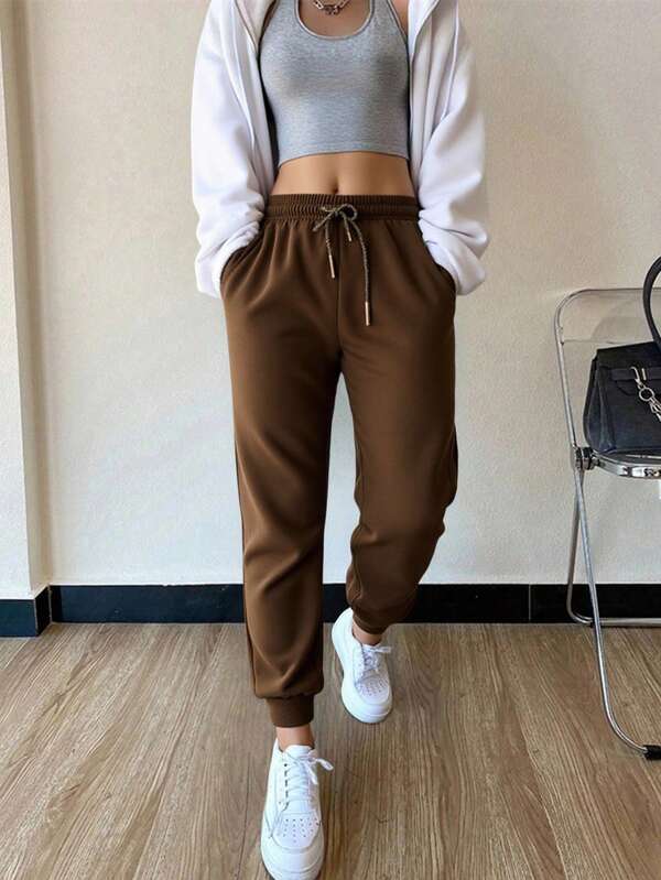 Pantalones De Cintura Alta Para Mujer Con Bolsillos En Diagonal Y Costura al frente