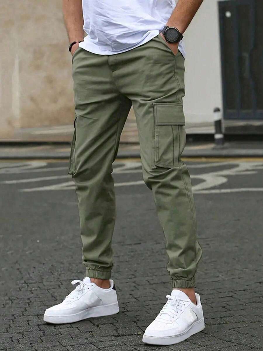 1pc Teen Boy Casual Straight Leg Drawstring Waist Cargo Pants, Spring/Autumn/Winter - Army Green - View 1