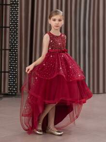 Tween Girl Christmas Elegant Sequin Trailing Tulle Princess Dress, Suitable For Birthday Party, Flower Girl, Wedding, Prom, Holiday Occasions - Burgundy - View 4