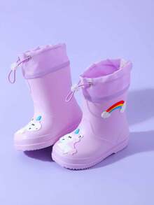 2025新款儿童中筒雨靴加厚保暖耐用橡胶靴可爱卡通抽绳设计防水防滑男女童小学生高档雨鞋清新款式 - 紫羅蘭色 - 查看 3