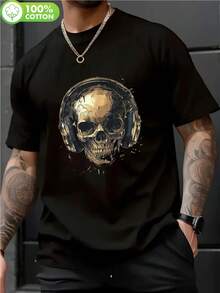 Camiseta gráfica de hombre 100% algodón con diseño de calavera gótica y auriculares - Negra con impresión dorada, camiseta de manga corta con cuello redondo transpirable para gimnasio, festivales casuales y de música, ropa deportiva de verano lavable a máquina - Negro - Ver 1