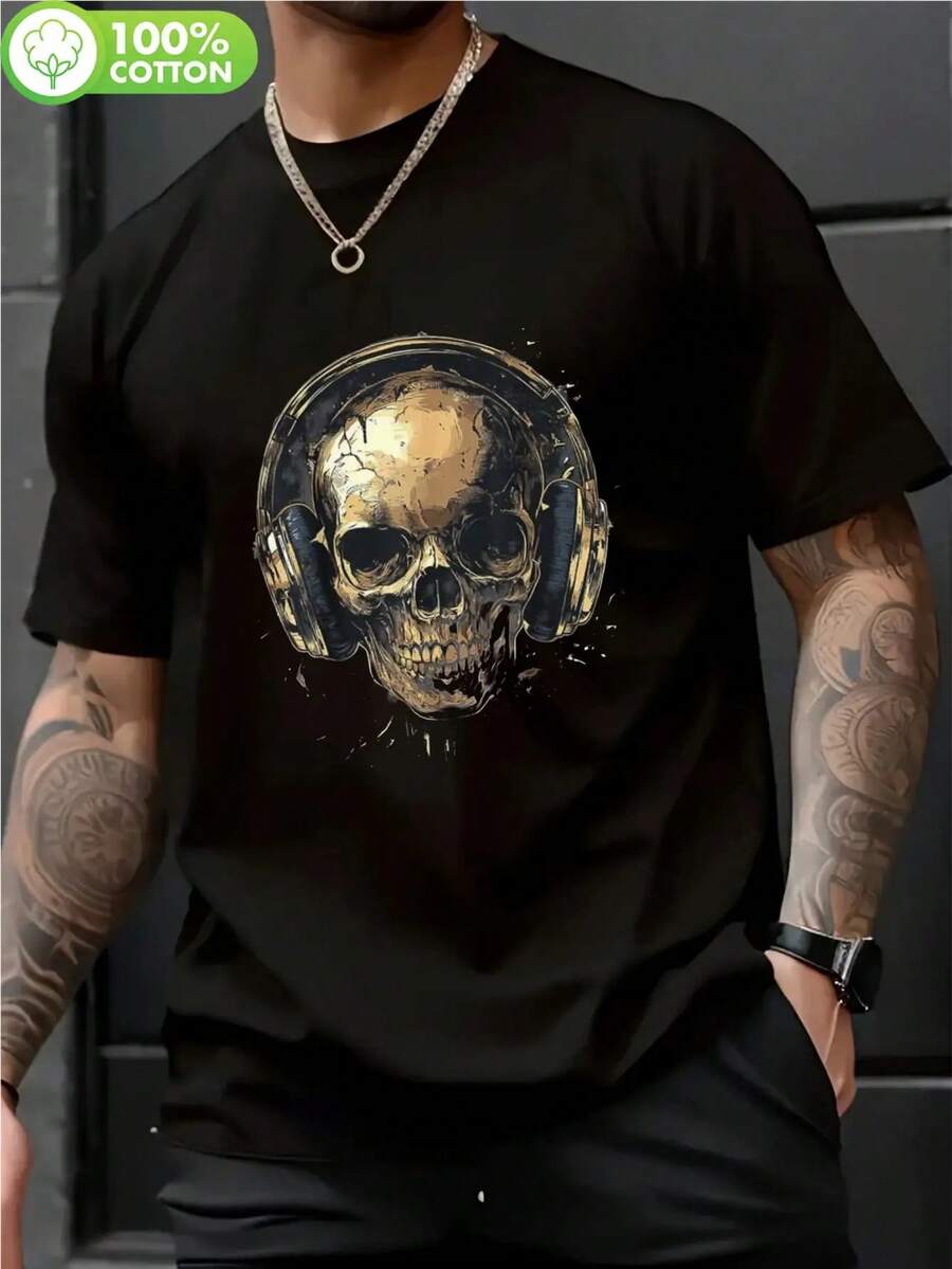 Camiseta gráfica de hombre 100% algodón con diseño de calavera gótica y auriculares - Negra con impresión dorada, camiseta de manga corta con cuello redondo transpirable para gimnasio, festivales casuales y de música, ropa deportiva de verano lavable a máquina - Negro - Ver 1