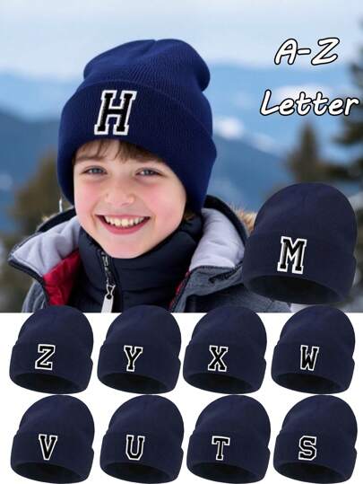 1PC Children's Knitted Hat With 26 Letters Pattern, Solid Color Knitted Caps, Children Hats For Girls, Warm Beanies For Outdoor, Autumn/Winter