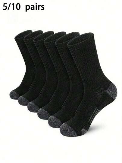 5/10 Pairs Black, White, Grey 3-Color Popular Plus Size Men's Basketball Sports Crew Socks, Work Socks, Fall
