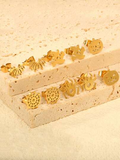 5 pares/conjunto de brincos criativos galvanizados a vácuo, de metal, modernos, personalizados, de abóbora, morcego, hip hop, engraçados, de aço inoxidável, adequados para mulheres e meninas, brincos de Halloween