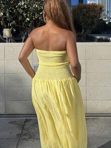 Tyla Gomez Cream Yellow Women's Cropped Waist Low-Waist Dress, Modern Vacation Casual Design, Soft Adjustable Spaghetti Strap Low Waist A-Line Flowy Bohemian Beach Dress, Summer - Yellow - View 6