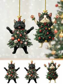 2/1 szt. Uroczy wisiorek z kotem, dekoracja świąteczna, 2D (nie 3D) Uroczy wisiorek na choinkę z kotem, czarny kot, pluszowy kot, ozdoba świąteczna, noworoczna, ozdoba samochodowa, ozdoba choinkowa