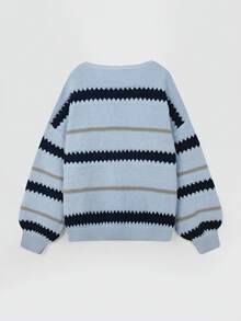 女士休闲条纹落肩宽松套头毛衣 - 彩色 - 查看 5