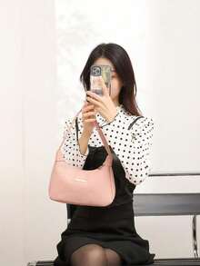 荔枝纹 PU 女包，时尚女士单肩包，纯色合成皮革手提包，拉链开合，带腕带，涤纶内衬，多功能腋下饺子包，荔枝纹亮片装饰腋下包，小众设计手提包，单肩包，街头风格手提包 - 彩色 - 查看 6