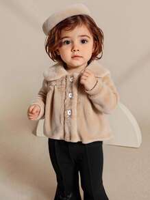 SHEIN Elladie kids 女婴优雅可爱薄款羊毛外套配贝雷帽套装，秋季 - 卡其色 - 查看 4