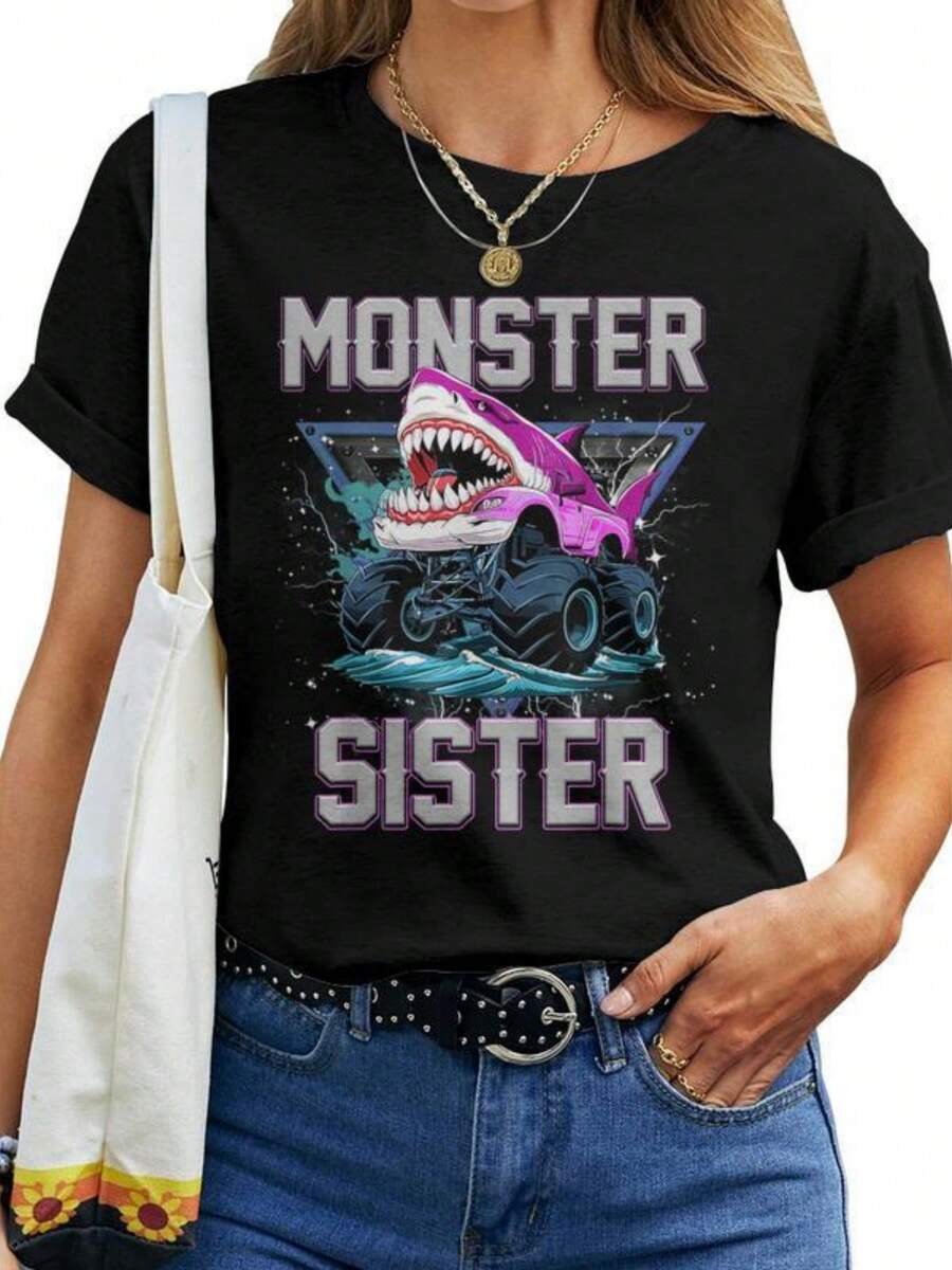 Shark Monster Truck Sister Monster Truck Are My Jam Truck Women T-Shirt - màu đen - Xem 1