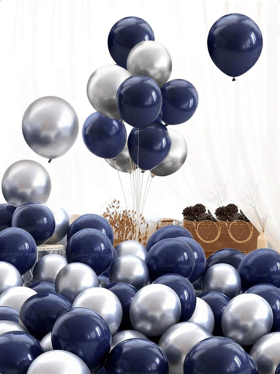 31pcs Navy Blue And Silver Balloons - 10 Inch Metallic Navy Blue And Silver Thickened Chrome Metallic Inflatable Balloons, Suitable For Birthday, Wedding, Baby Shower, Holiday, Carnival Party Decoration - Multicolor - View 1