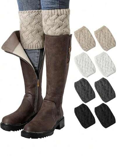 1 双女式针织靴套、冬季保暖靴套、钩针针织靴腿套、短腿保暖靴腿套、秋冬手工圣诞靴套、流行粗条纹花卉针织短腿套