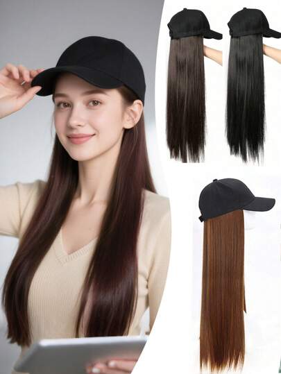 棒球帽配长直合成假发 - 24英寸内置假发帽，二合一防晒，适合女性，圣诞派对日常装扮皆宜