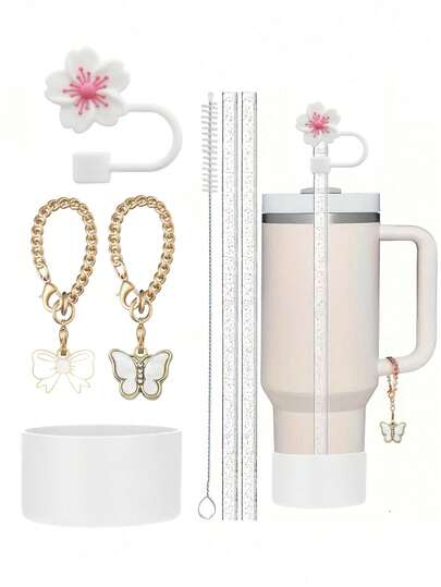 7件套斯坦利杯配件，包括闪光吸管、吸管盖、蝴蝶吊坠链、吸管刷、硅胶保护套，适用于20-40盎司的保温杯。闪光吸管可减少凹痕，保护套适用于底部直径2.83-2.95英寸的多种瓶子/杯子，颜色有粉色、白色、紫色和黑色。