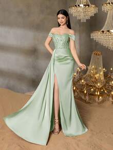 Alisa&Leo 少女露肩亮片晚礼服 - 合身亮片紧身胸衣，侧开衩，不对称拖尾，适合毕业典礼、舞会、婚礼和高端晚会 - 綠色 - 查看 1