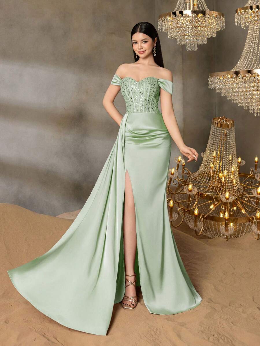 Alisa&Leo 少女露肩亮片晚礼服 - 合身亮片紧身胸衣，侧开衩，不对称拖尾，适合毕业典礼、舞会、婚礼和高端晚会 - 綠色 - 查看 1