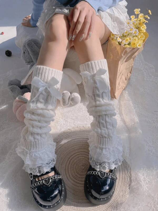 1 Pair Women's Bow Lace Decor Twisted Leg Warmers, Lace Trim Calf Leg Warmers, Cute Bow Pile Leg Warmers, JK Mid-Calf Slimming Leg Sleeves, E-Girl