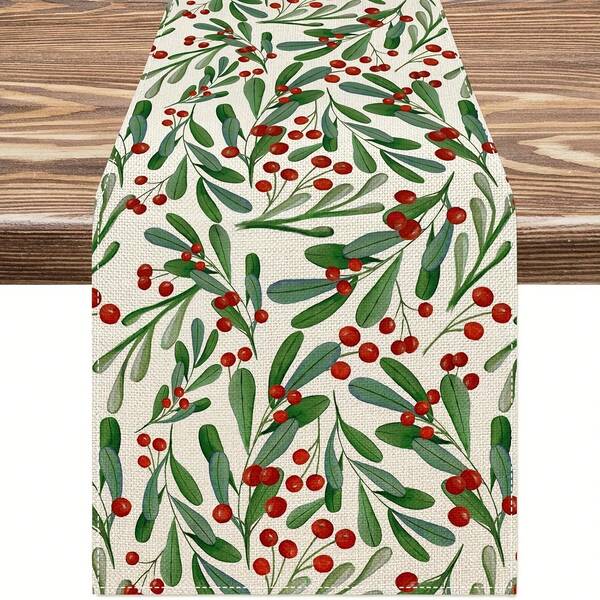 A Christmas Linen Tablecloth - 100% Woven Rectangular Tablecloth With Holly Leaf And Berry Design For Indoor And OutdoorFestivey SuppliesSuitable Forhomedecoration
