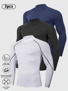 3 piezas Conjunto de ropa deportiva de manga larga con cuello alto para hombres, Camiseta deportiva de protección solar profesional estilo novio para hombres, Camiseta básica estilo novio para gimnasio y entrenamiento para hombres - Negro - Ver 1