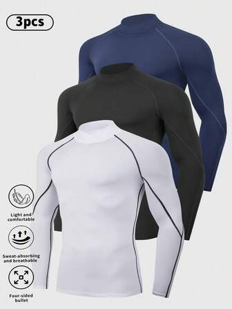 3pcs Men's Compression Mock Neck Long Sleeve Sportswear Set, Boyfriend Style Men's Professional Sun Protection Running Sports T-Shirt, Gym Workout Boyfriend Style Men's Basic T-Shirt
