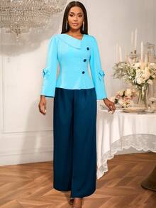 Women's Two Pieces Suits Sets Dressy Bowtie 3/4 Long Sleeve Button Baggy Pants Elegant Vintage Business Outfits For Date,Party,Wedding ,Bridesmaid ,Graduation ,Wedding Guest Fall Women Clothes,Back To School