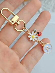 1pc Unisex A-Z Letter Stainless Steel Keychain, Minimalist Letter, Flower, Ladybug Design, Gift For Friends, Bag Pendant - Multicolor - View 18